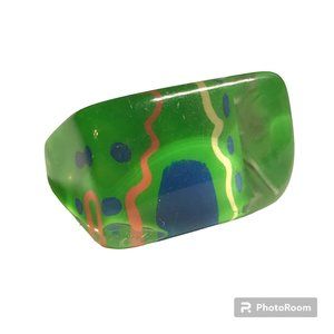 Vintage Lucite Acrylic Ring Size 7 Retro Abstract Hand Painted Green Blue